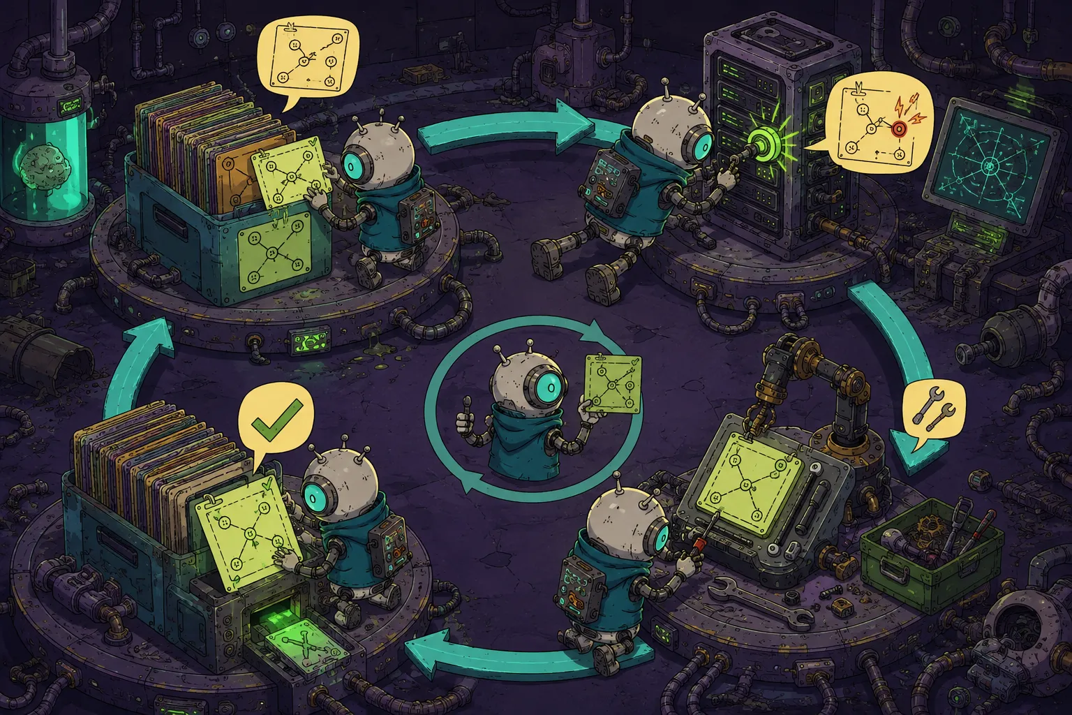 A closed loop of four stations: a robot pulls a card from a filing box, applies the knowledge to a server and hits a mismatch, repairs the card with a wrench, and files the corrected card back with a green check mark